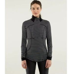 Lululemon Base Runner 1/2 Zip Pullover Top Womens 12 Black White Parallel Stripe